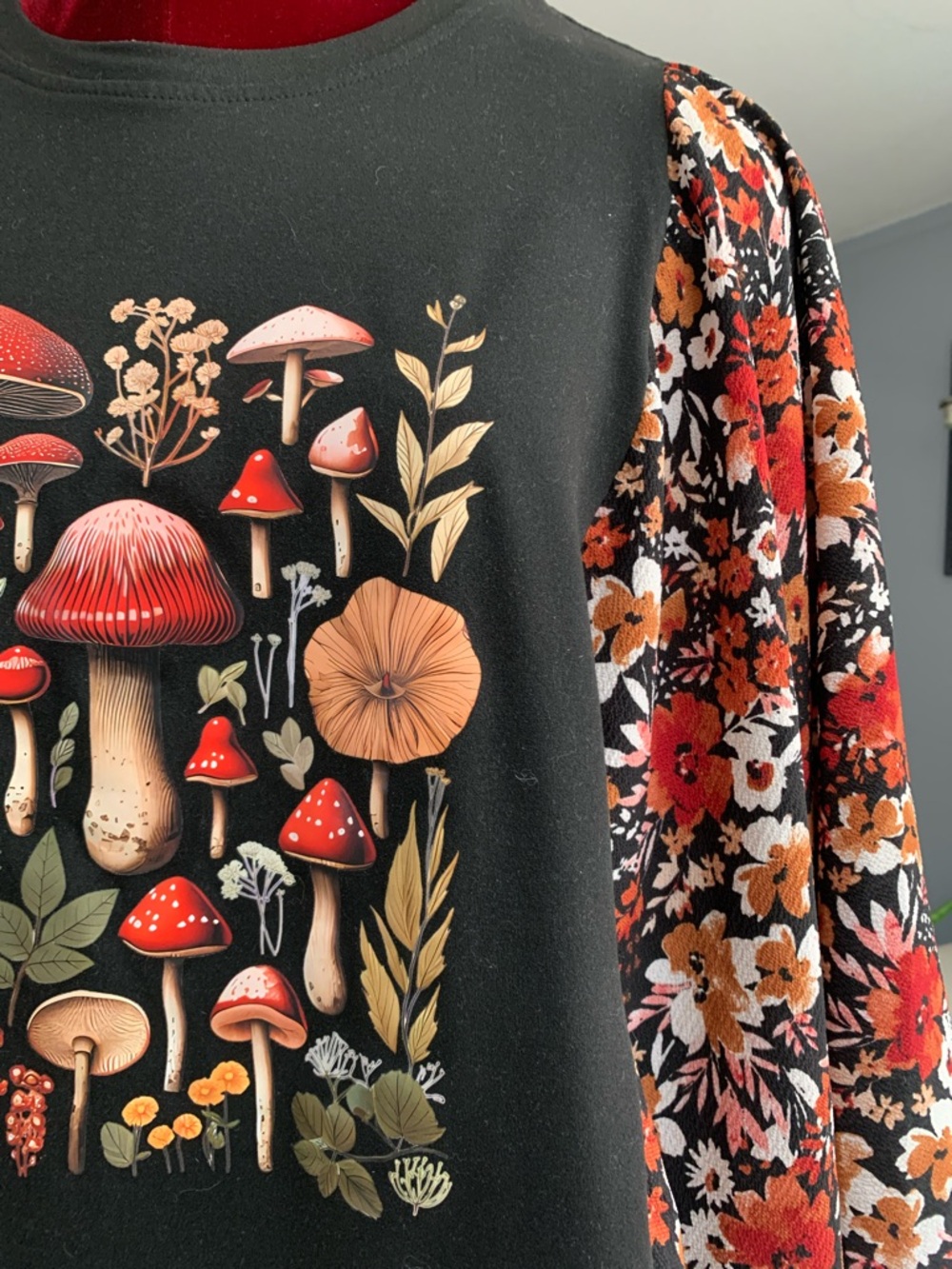 Upcycled Black Mushroom Graphic Tee with Autumn Floral Kimono - Picture 3 of 5